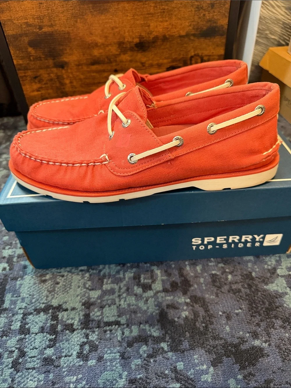 Sperry Men's Coral Canvas Boat Shoes with White Laces